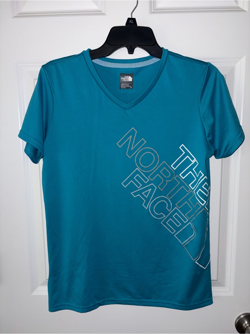 The North Face Girls Teal V-Neck Short Sleeve Logo Tee